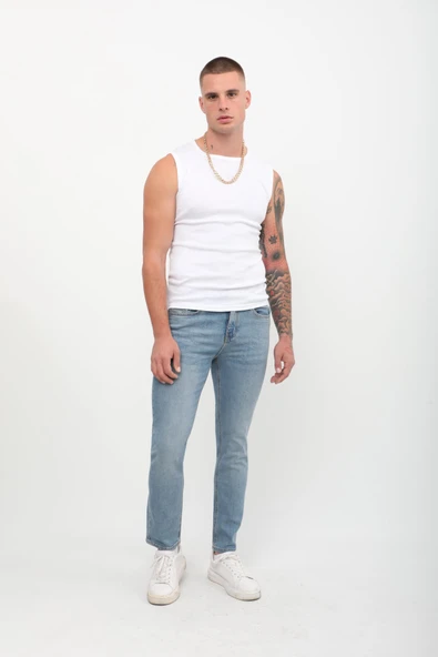 Erkek Slim Fit Normal Bel Düz Kesim Dar Paça Likralı Mavi Jean Pantolon - 2