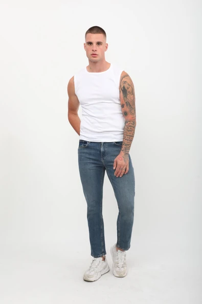 Erkek Slim Fit Normal Bel Düz Kesim Dar Paça Likralı İndigo Jean Pantolon