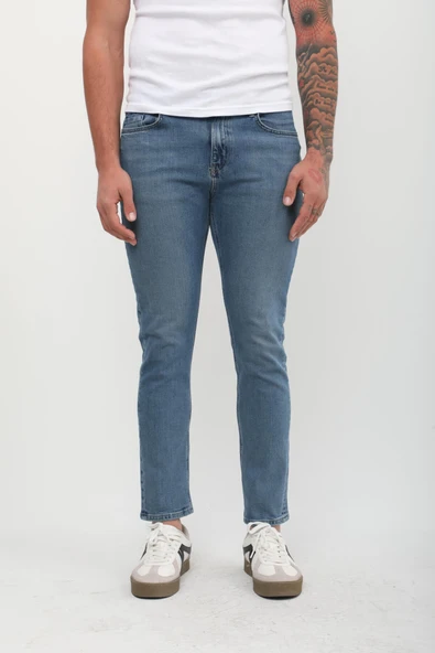 Erkek Slim Fit Normal Bel Düz Kesim Dar Paça Mavi Jean Pantolon - 4