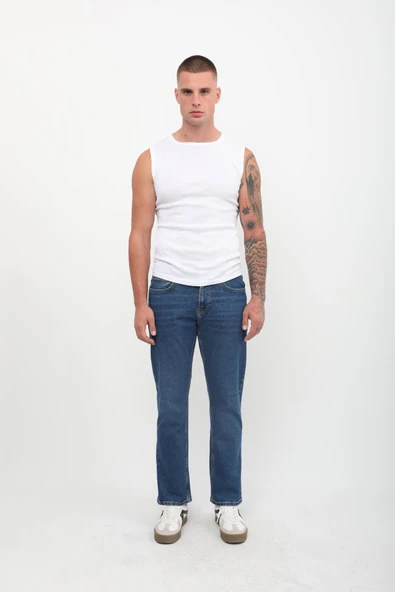 Erkek Straight Fit Normal Bel Rahat Kesim Düz Paça Koyu Mavi Jean Pantolon - 2