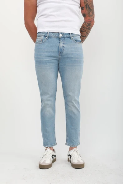 Erkek Slim Fit Normal Bel Düz Kesim Dar Paça Likralı Açık Mavi Jean Pantolon - 5