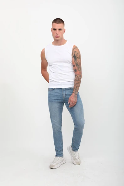 Erkek Skinny Fit Düşük Bel Dar Kesim Dar Paça Likralı Mavi Jean Pantolon - 2