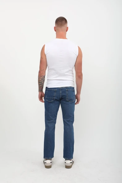 Erkek Straight Fit Normal Bel Rahat Kesim Düz Paça Koyu Mavi Jean Pantolon - 3