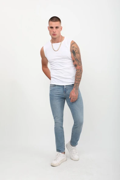 Erkek Slim Fit Normal Bel Düz Kesim Dar Paça Likralı Mavi Jean Pantolon - 2