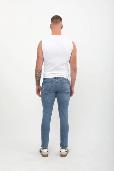 Erkek Slim Fit Normal Bel Düz Kesim Dar Paça Mavi Jean Pantolon - 3