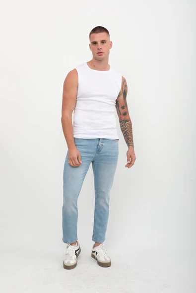 Erkek Slim Fit Normal Bel Düz Kesim Dar Paça Likralı Açık Mavi Jean Pantolon - 2