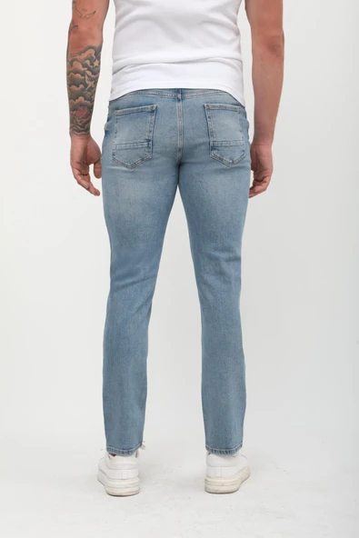 Erkek Slim Fit Normal Bel Düz Kesim Dar Paça Likralı Mavi Jean Pantolon - 5