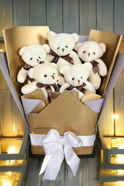Sole Sevgiliye Özel Dore-Gümüş Konsept Romantik Peluş Ayıcık Buketi - 5