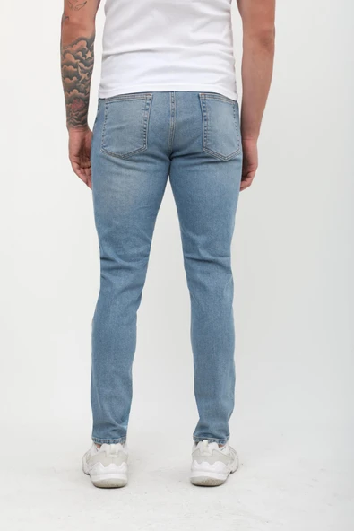 Erkek Skinny Fit Düşük Bel Dar Kesim Dar Paça Likralı Mavi Jean Pantolon - 6