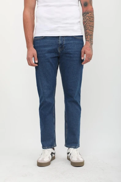 Erkek Straight Fit Normal Bel Rahat Kesim Düz Paça Koyu Mavi Jean Pantolon - 4