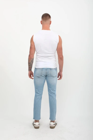 Erkek Slim Fit Normal Bel Düz Kesim Dar Paça Likralı Açık Mavi Jean Pantolon - 4