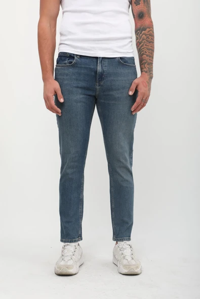 Erkek Slim Fit Normal Bel Düz Kesim Dar Paça Likralı İndigo Jean Pantolon - 4