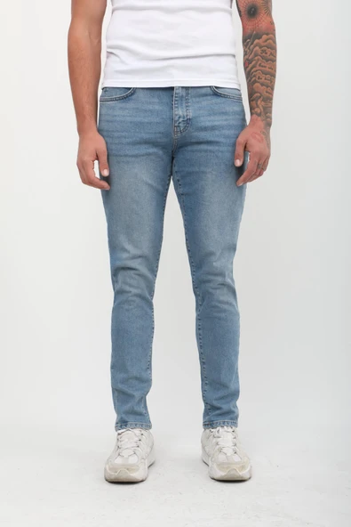 Erkek Skinny Fit Düşük Bel Dar Kesim Dar Paça Likralı Mavi Jean Pantolon - 4