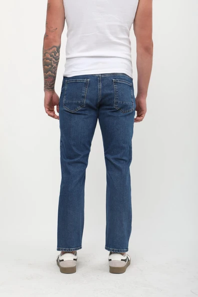 Erkek Straight Fit Normal Bel Rahat Kesim Düz Paça Koyu Mavi Jean Pantolon - 5