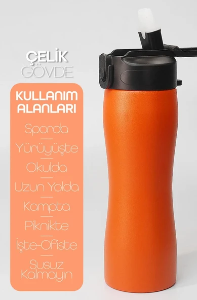 Pipetli Paslanmaz Çelik Matara - 304 Çelik Spor Suluk BPA İçermez Taşınabilir Tasarım - Turuncu Renk - 2