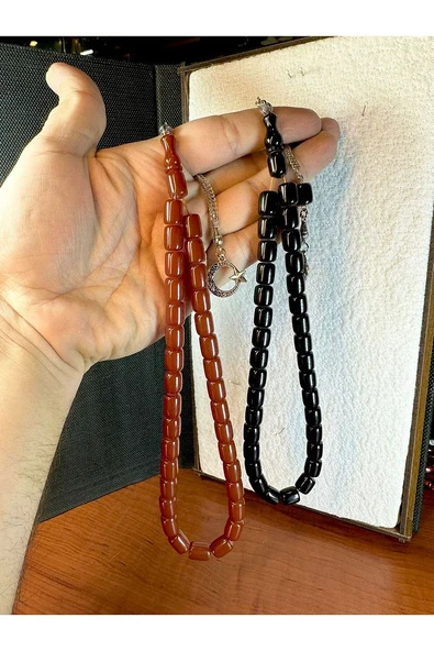 SİYAH KAPSÜL KESİM SIKMA ÇUBUK + KAHVERENGİ KAPSÜL KESİM SIKMA ÇUBUK KEHRİBAR TESBİH T-215