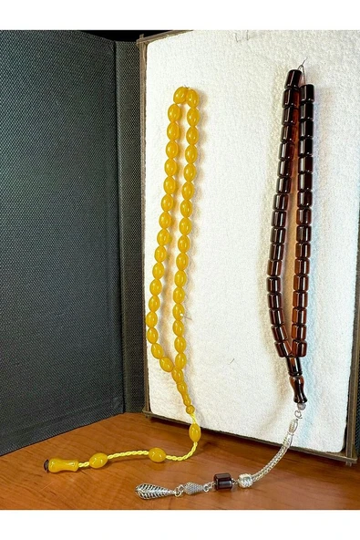 SIKMA ÇUBUK KEHRİBAR TESBİH SARI BEYZİ KESİM + BORDO KAPSÜL KESİM T-212 - 2