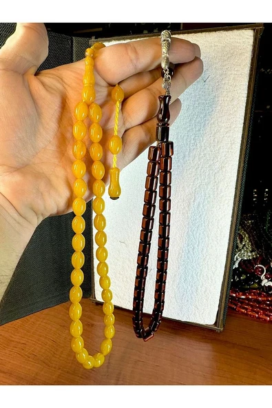 SIKMA ÇUBUK KEHRİBAR TESBİH SARI BEYZİ KESİM + BORDO KAPSÜL KESİM T-212