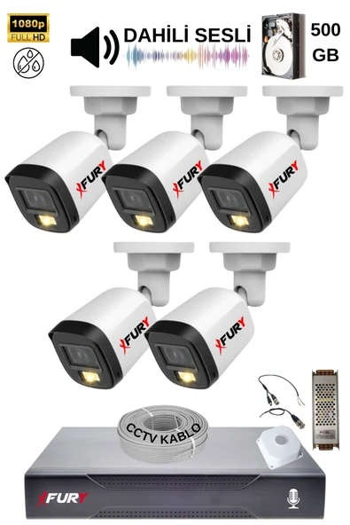 FURY 5 Kamera Sesli Gece Renkli Güvenlik Kamerası Full Hd-su Geçirmez Güvenlik Kamerası Seti 500GB ürün görseli 1
