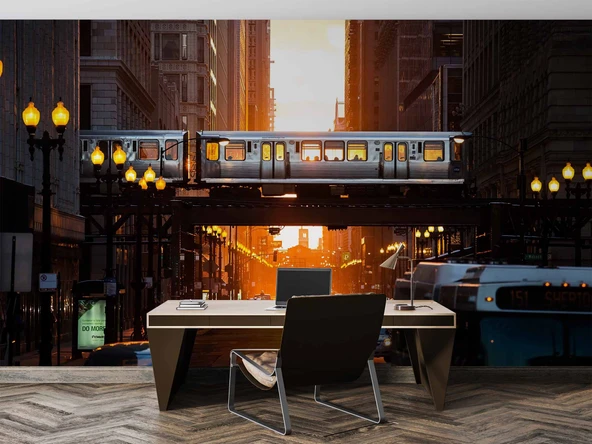 New Yourk Cadde Tren Manzaralı Duvar Kağıdı - Resim 4