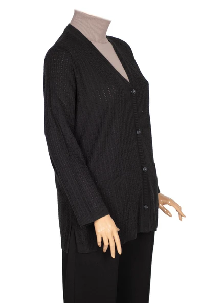 Hesna Kadın Niran Triko Cepli Düğmeli Siyah Hırka Ceket - 3