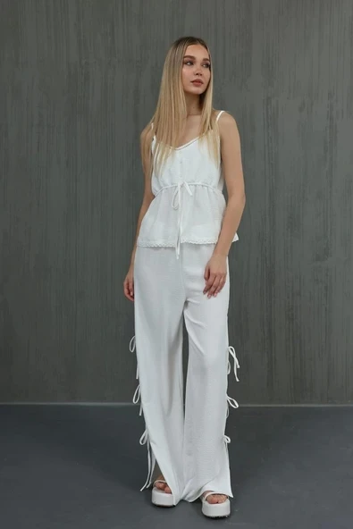 Fiyonklu Bluz Takım - Beyaz - 3