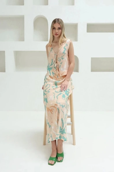 Bağcıklı Bluzlu Etek Takım - Pudra ürün görseli