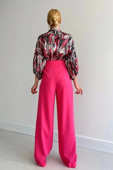 Beli Lastikli Saten Gömlek - Fuşya - 3
