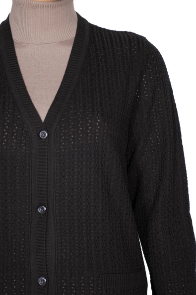 Hesna Kadın Niran Triko Cepli Düğmeli Siyah Hırka Ceket - 2