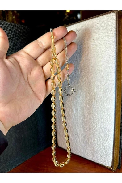 ATEŞ KEHRİBAR TESBİH ŞEFFAF-AÇIK SARI RENKLİ BEYZİ KESİM T-230