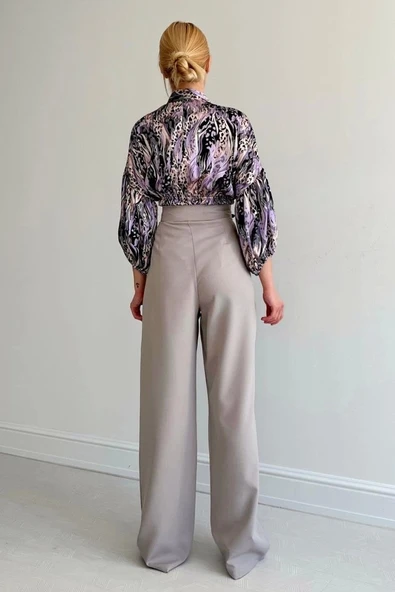 Beli Lastikli Saten Gömlek - Lila - Resim 3