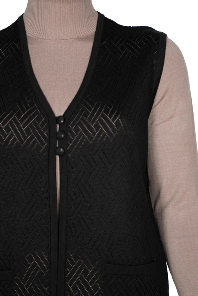 Hesna Kadın Yakut Triko Ajurlu Cepli Düğmeli Yırtmaçlı Siyah Yelek - 2