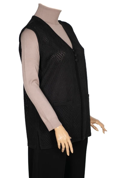 Hesna Kadın Yakut Triko Ajurlu Cepli Düğmeli Yırtmaçlı Siyah Yelek - 3