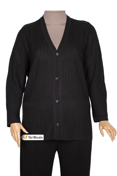 Hesna Kadın Niran Triko Cepli Düğmeli Siyah Hırka Ceket