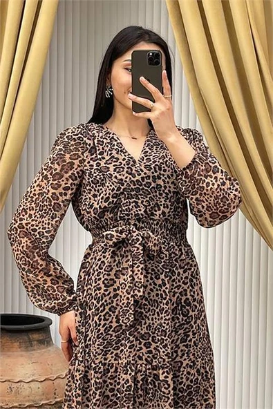 Dipmoda kadın kuşaklı leopar desenli şifon elbise DPMY3709 - 3