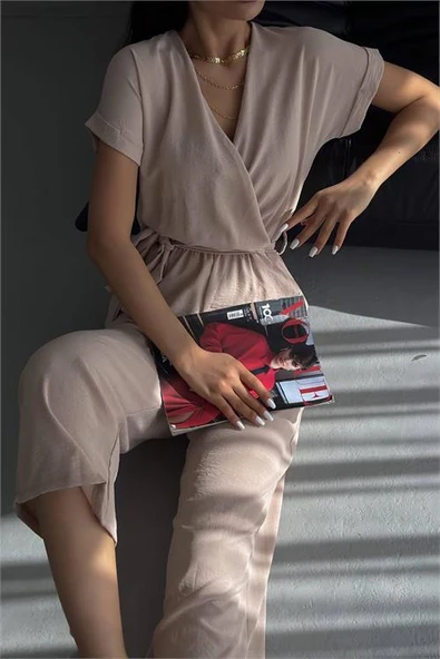 Dipmoda kadın bej bağlama detaylı ayrobin tulum DPNBTG7035 - 2