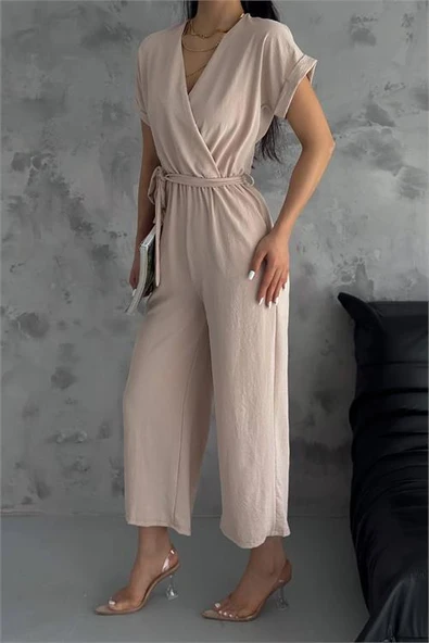 Dipmoda kadın bej bağlama detaylı ayrobin tulum DPNBTG7035 - 6