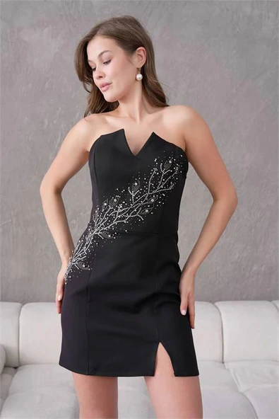 Dipmoda kadın taş detaylı straplez mini abiye elbise DPS9369 - 2