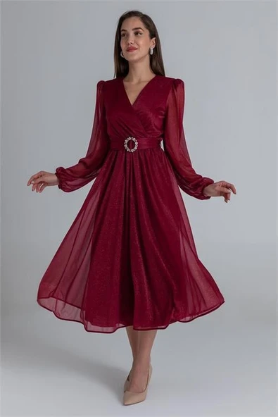 Dipmoda kadın kemerli kruvaze yaka simli gece elbisesi DPMY3590