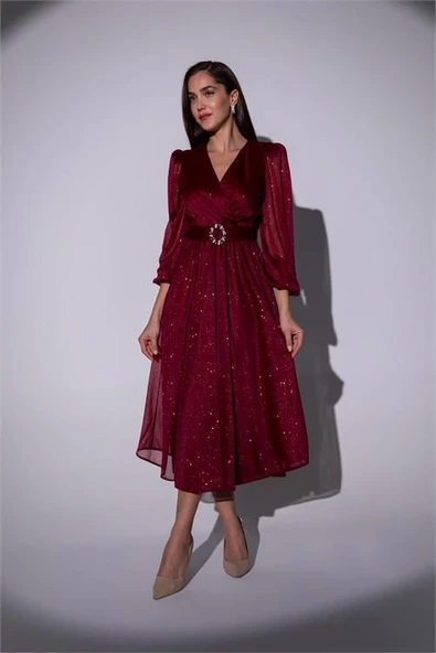 Dipmoda kadın kemerli kruvaze yaka simli gece elbisesi DPMY3590 - 4