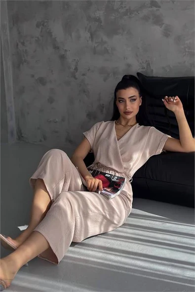 Dipmoda kadın bej bağlama detaylı ayrobin tulum DPNBTG7035 - 5