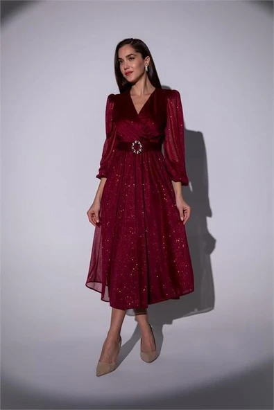 Dipmoda kadın kemerli kruvaze yaka simli gece elbisesi DPMY3590 - 3