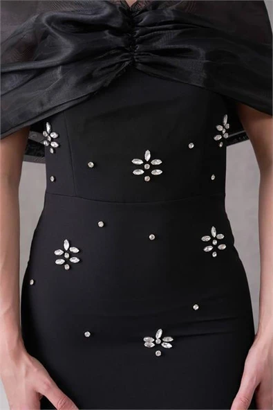 Dipmoda kadın siyah tül ve taş detaylı abiye elbise DPS9372 - Resim 3