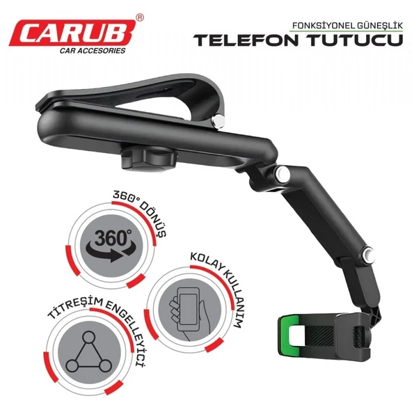 Oto, Araç Güneşlik Telefon Tutucu 360 Derece Ayarlı Yeşil-Siyah - Resim 2