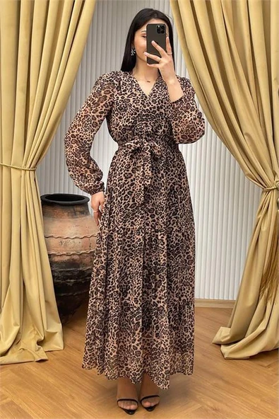 Dipmoda kadın kuşaklı leopar desenli şifon elbise DPMY3709 - 4