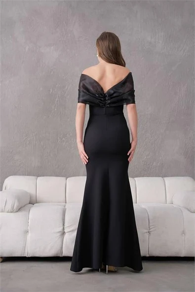 Dipmoda kadın siyah tül ve taş detaylı abiye elbise DPS9372 - Resim 5