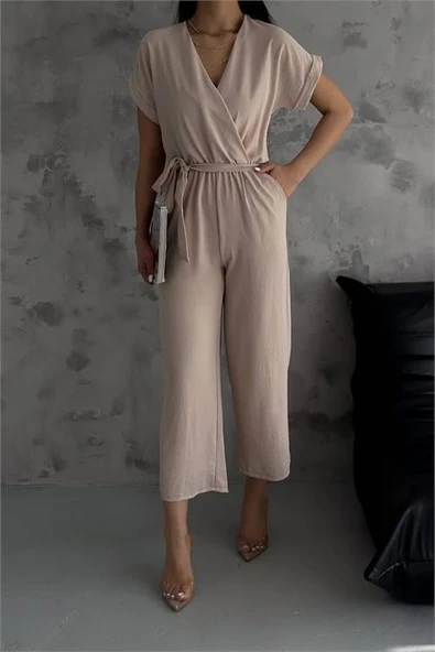 Dipmoda kadın bej bağlama detaylı ayrobin tulum DPNBTG7035 - 3