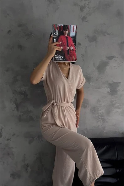 Dipmoda kadın bej bağlama detaylı ayrobin tulum DPNBTG7035 - 4