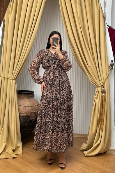 Dipmoda kadın kuşaklı leopar desenli şifon elbise DPMY3709 - 2