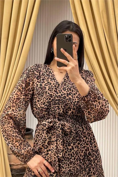 Dipmoda kadın kuşaklı leopar desenli şifon elbise DPMY3709